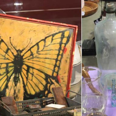 butterfly painting and antique bottles